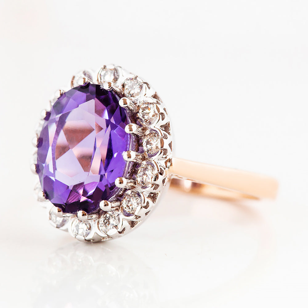 Athena, Amethyst and Diamond Halo Ring - Victoria's Jewellery