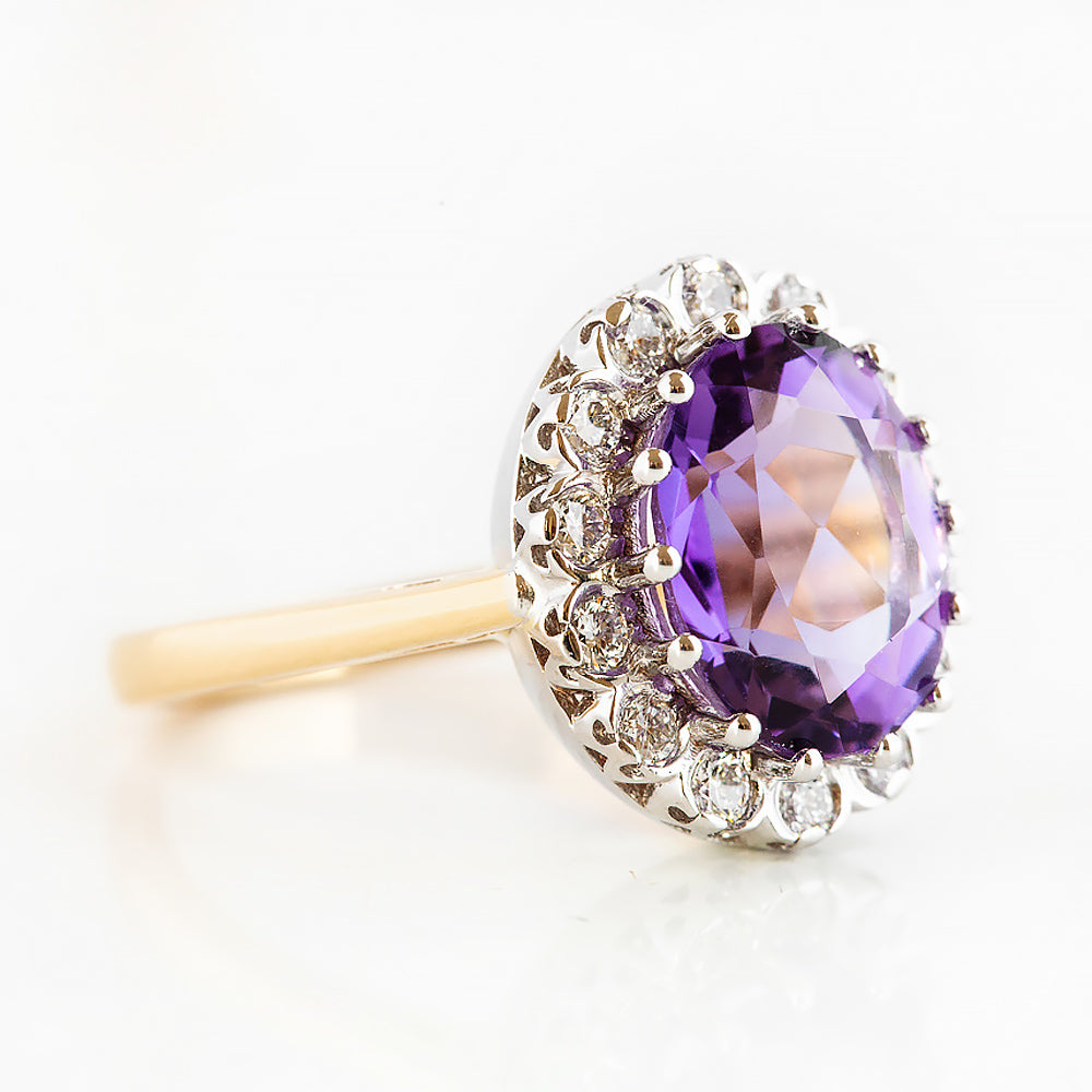 Athena, Amethyst and Diamond Halo Ring - Victoria's Jewellery