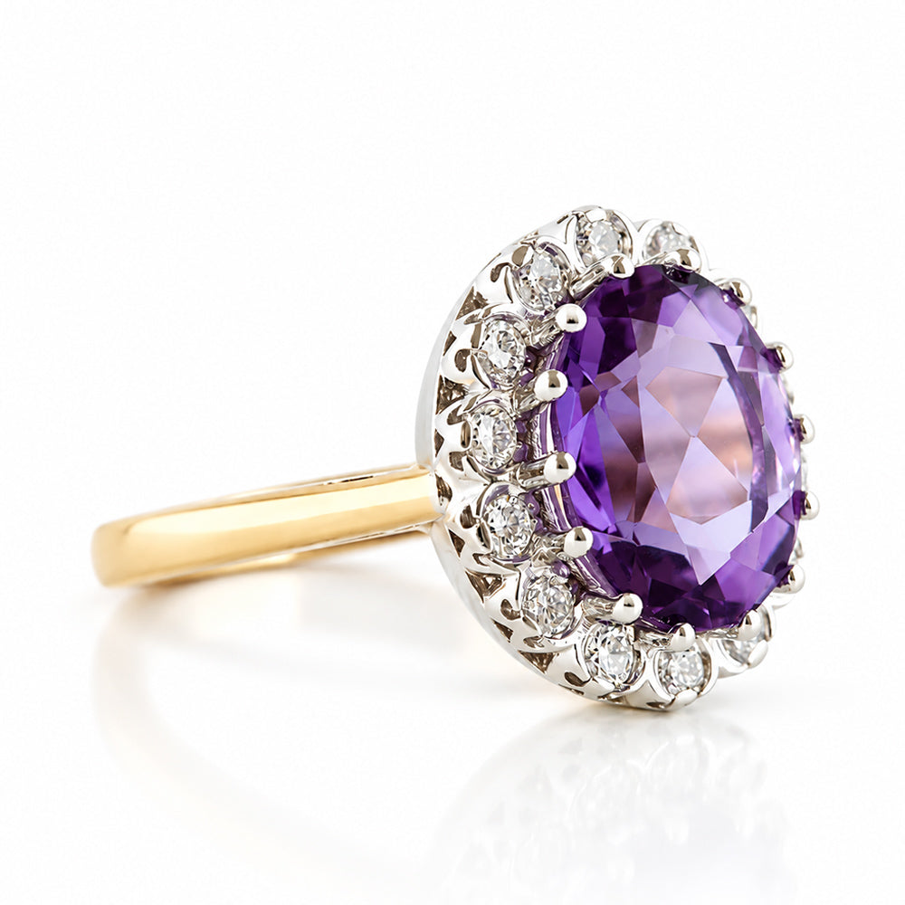 Athena, Amethyst and Diamond Halo Ring - Victoria's Jewellery