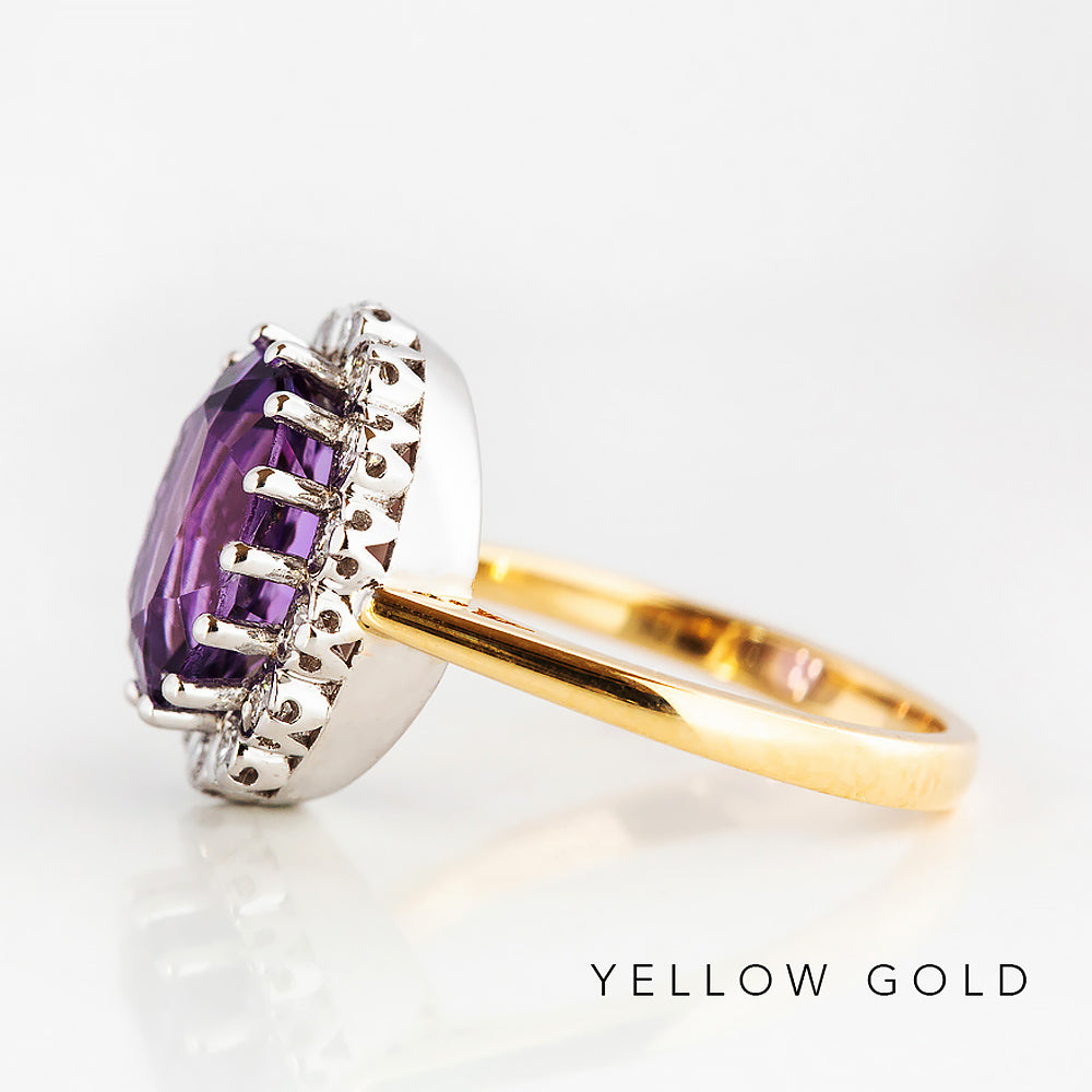 Athena, Amethyst and Diamond Halo Ring - Victoria's Jewellery