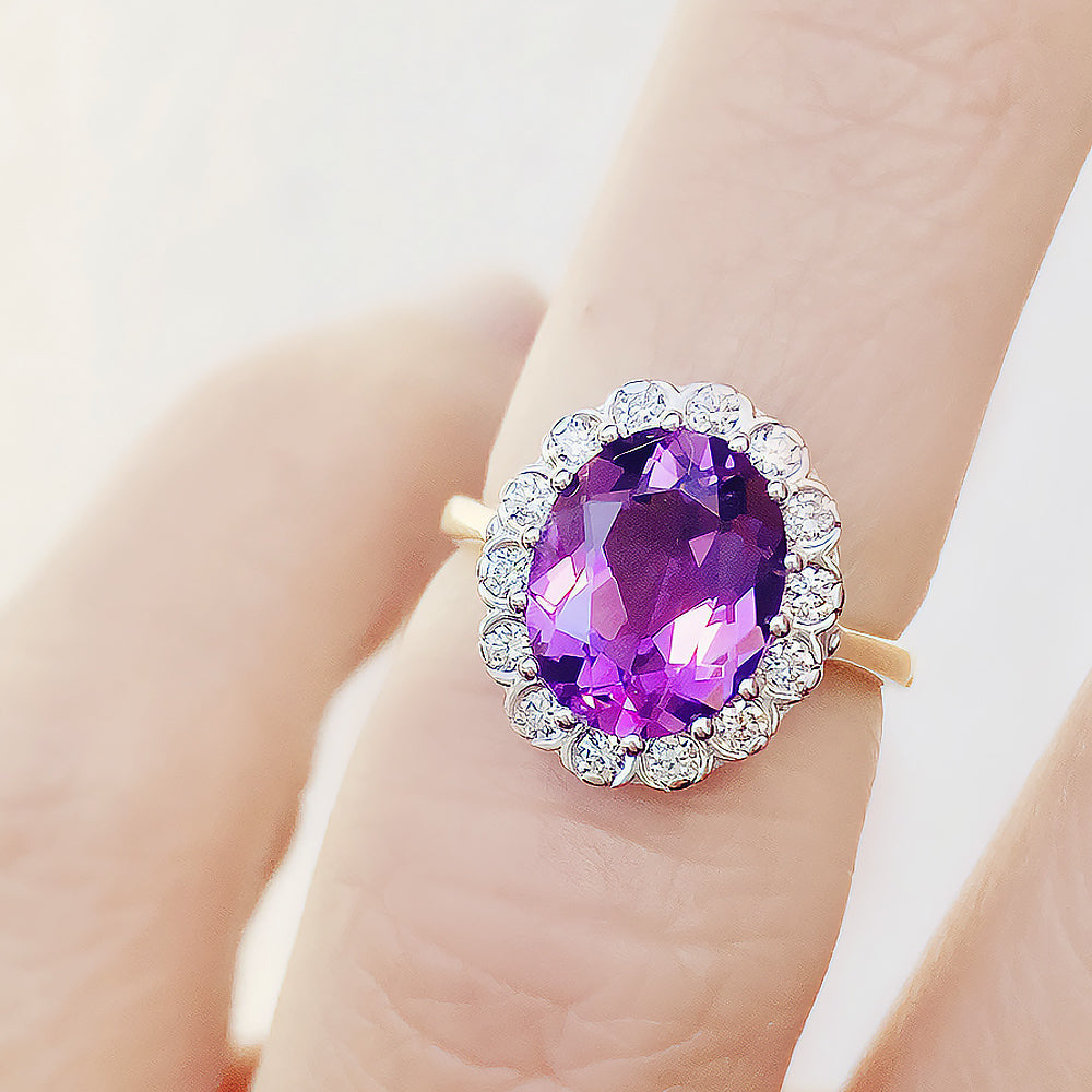 Athena, Amethyst and Diamond Halo Ring - Victoria's Jewellery