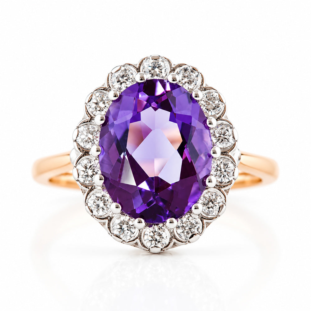 Athena, Amethyst and Diamond Halo Ring - Victoria's Jewellery