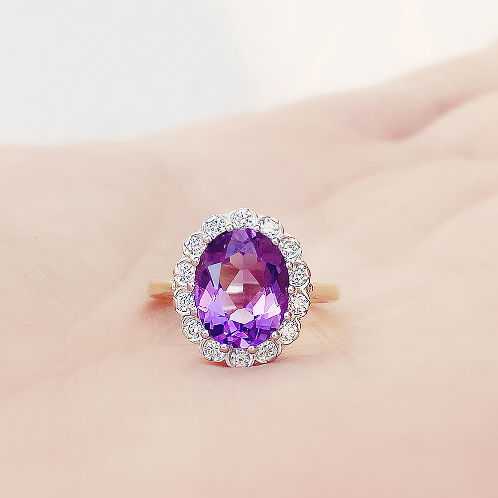 Athena, Amethyst and Diamond Halo Ring - Victoria's Jewellery