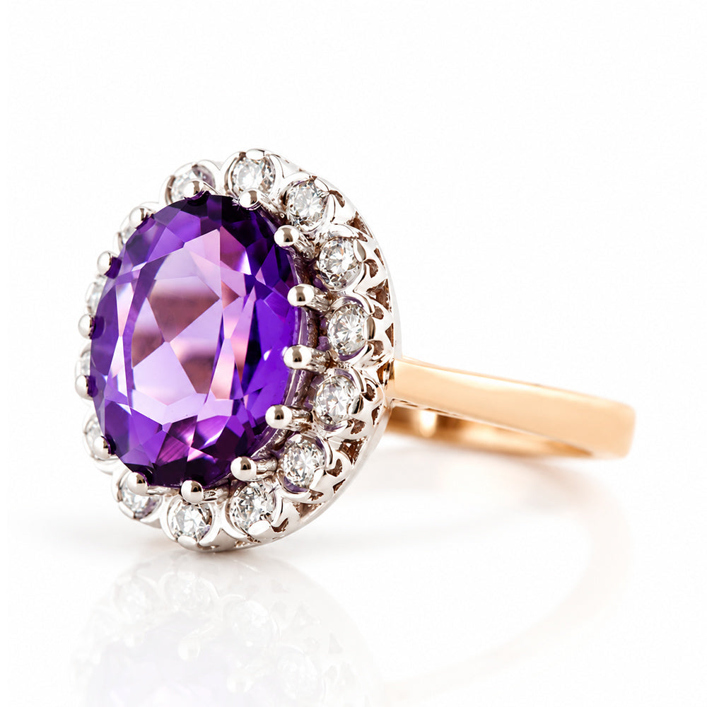 Athena, Amethyst and Diamond Halo Ring - Victoria's Jewellery