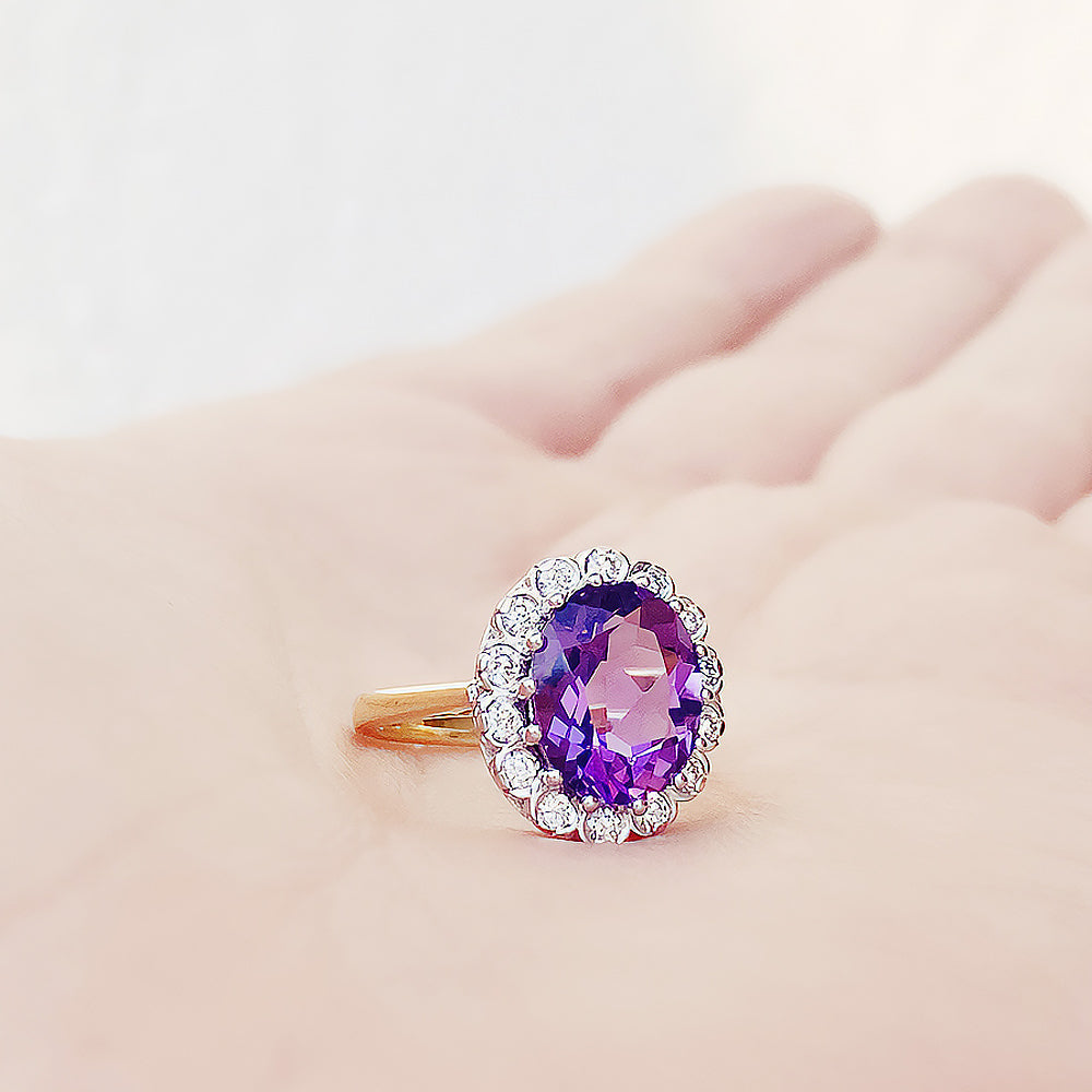Athena, Amethyst and Diamond Halo Ring - Victoria's Jewellery