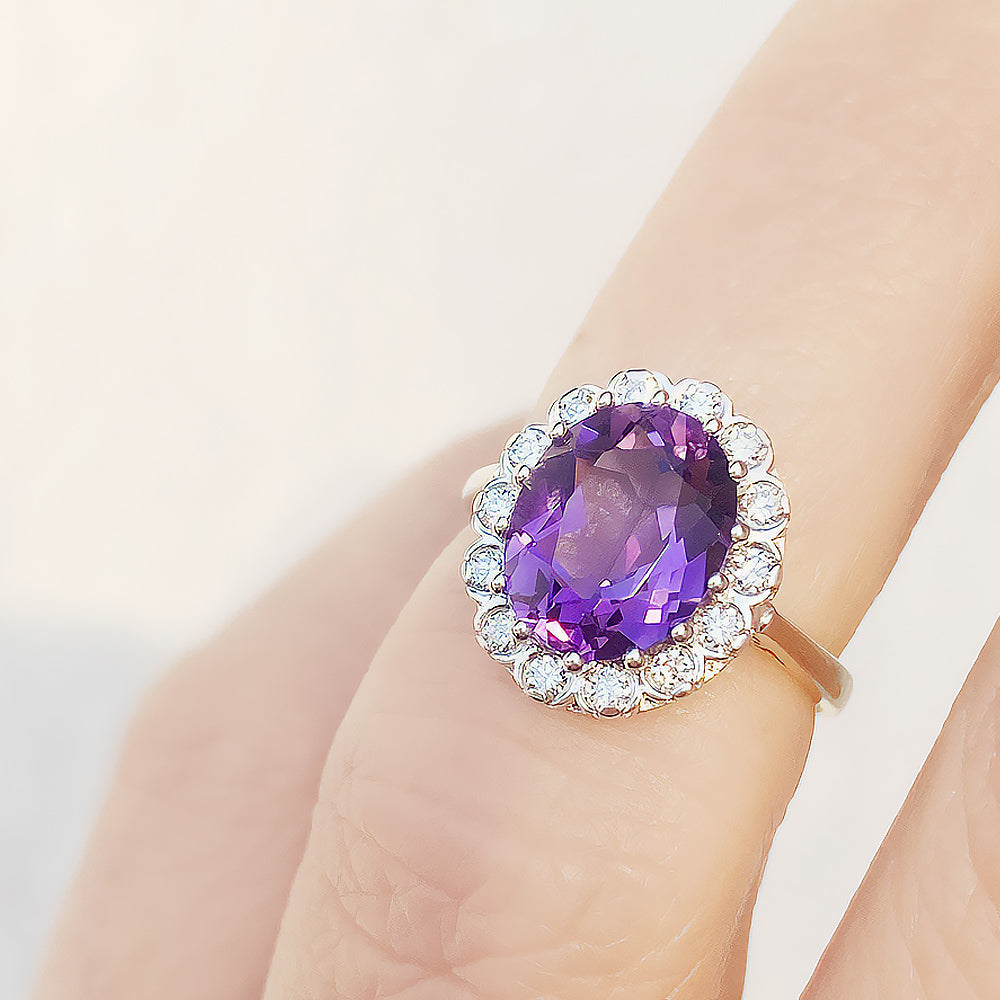 Athena, Amethyst and Diamond Halo Ring - Victoria's Jewellery