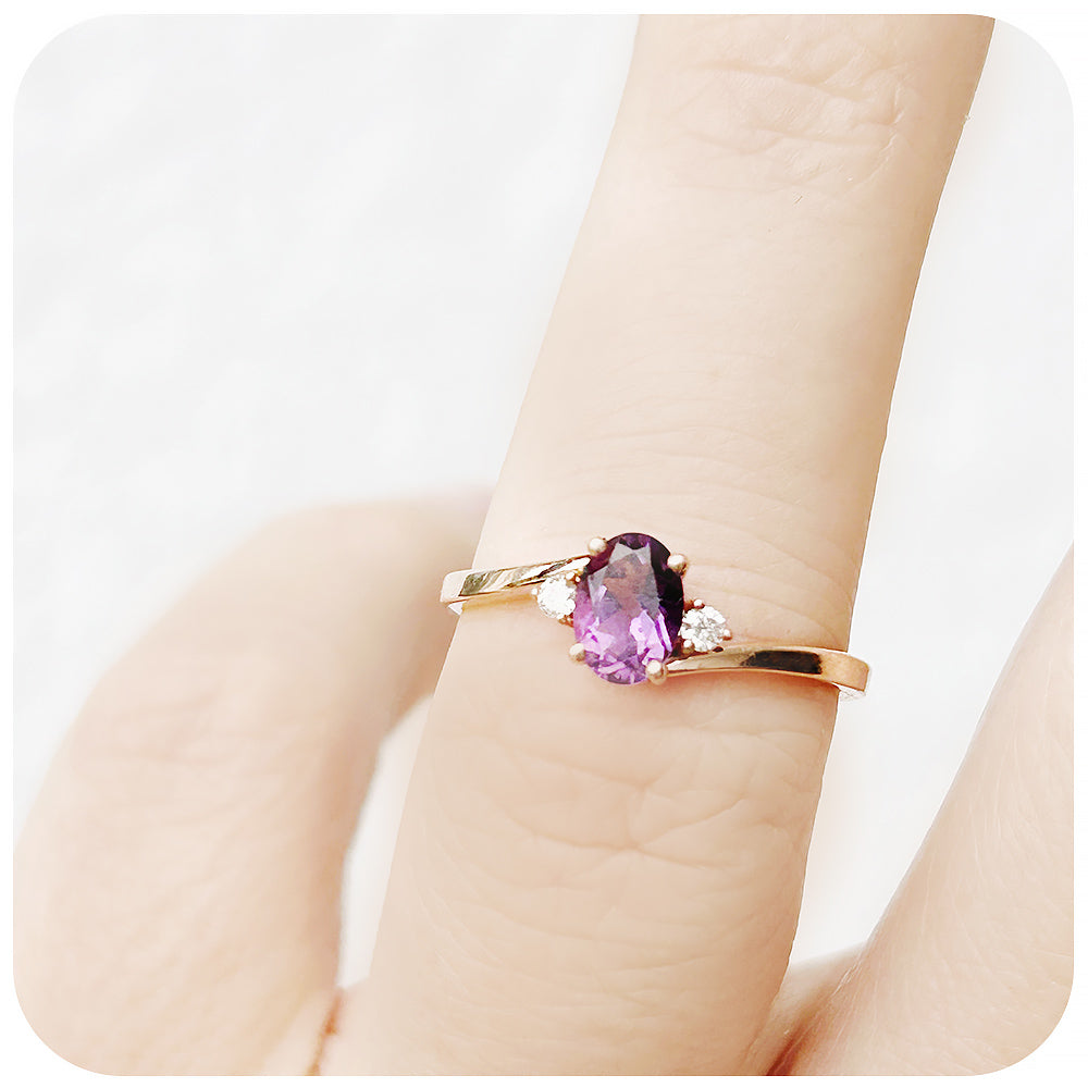 Oval cut Amethyst and Diamond Trilogy Engagement Ring in Rose Gold - Victoria's Jewellery