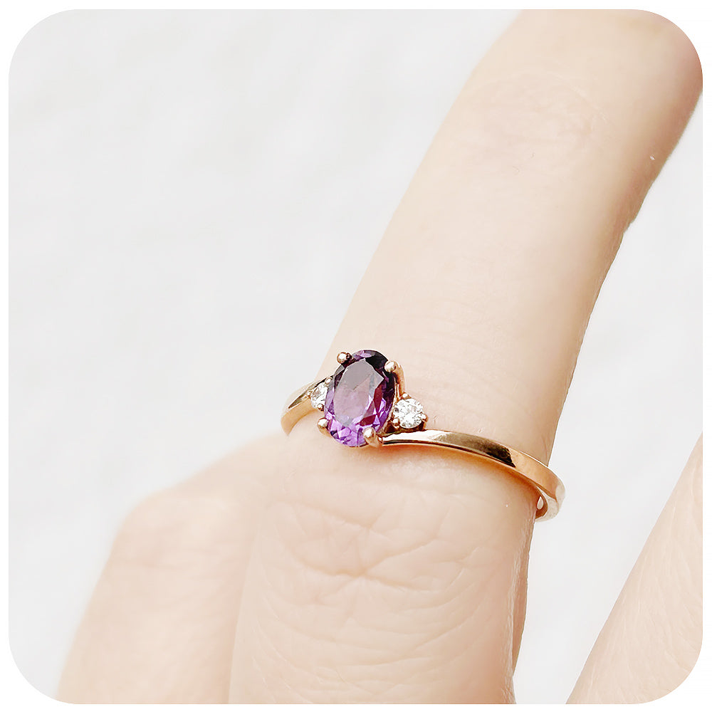 Oval cut Amethyst and Diamond Trilogy Engagement Ring in Rose Gold - Victoria's Jewellery