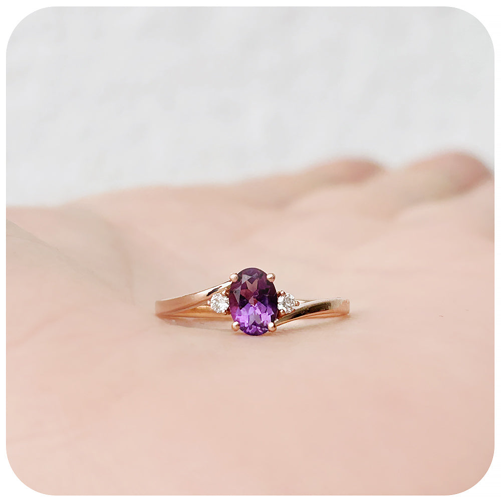 Oval cut Amethyst and Diamond Trilogy Engagement Ring in Rose Gold - Victoria's Jewellery