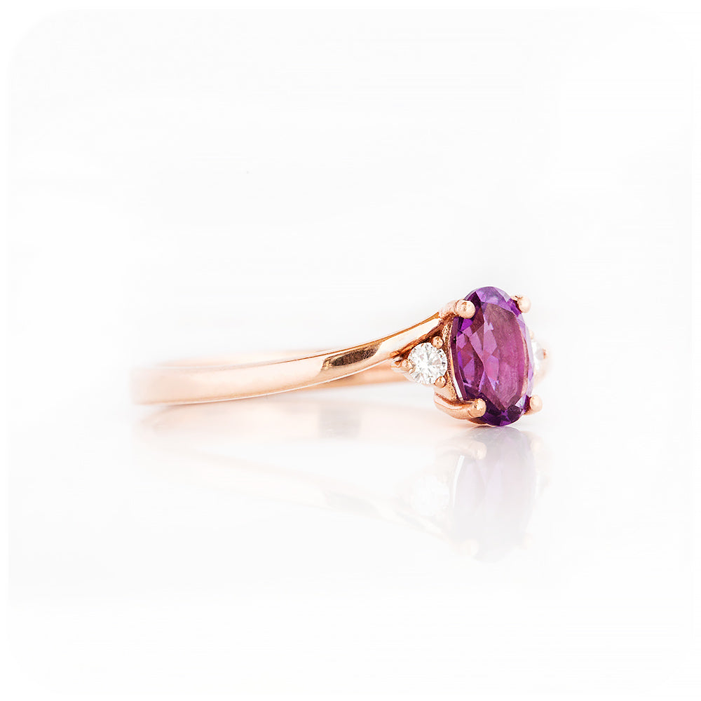 Oval cut Amethyst and Diamond Trilogy Engagement Ring in Rose Gold - Victoria's Jewellery