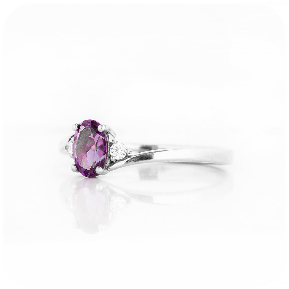 Oval cut Amethyst and Diamond Trilogy Engagement Ring in White Gold - Victoria's Jewellery