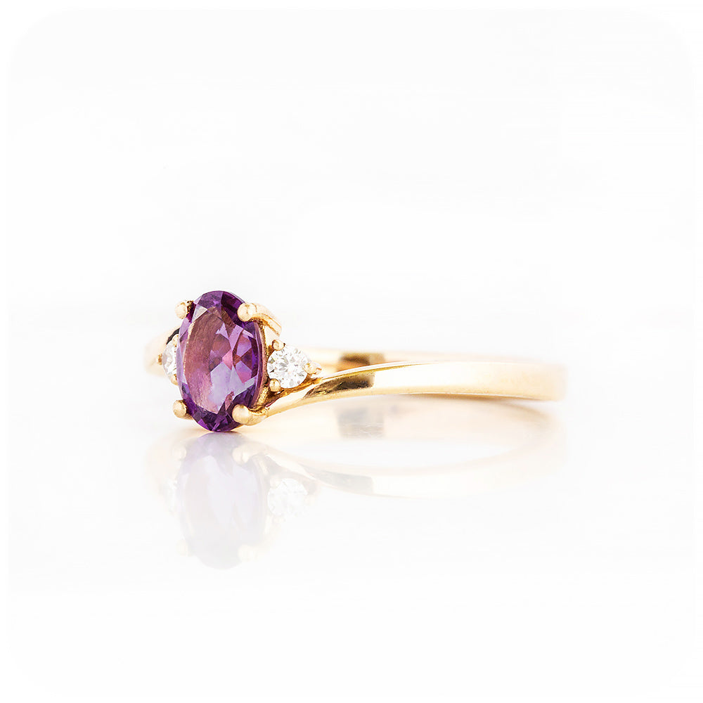 Oval cut Amethyst and Diamond Trilogy Engagement Ring in Yellow Gold - Victoria's Jewellery