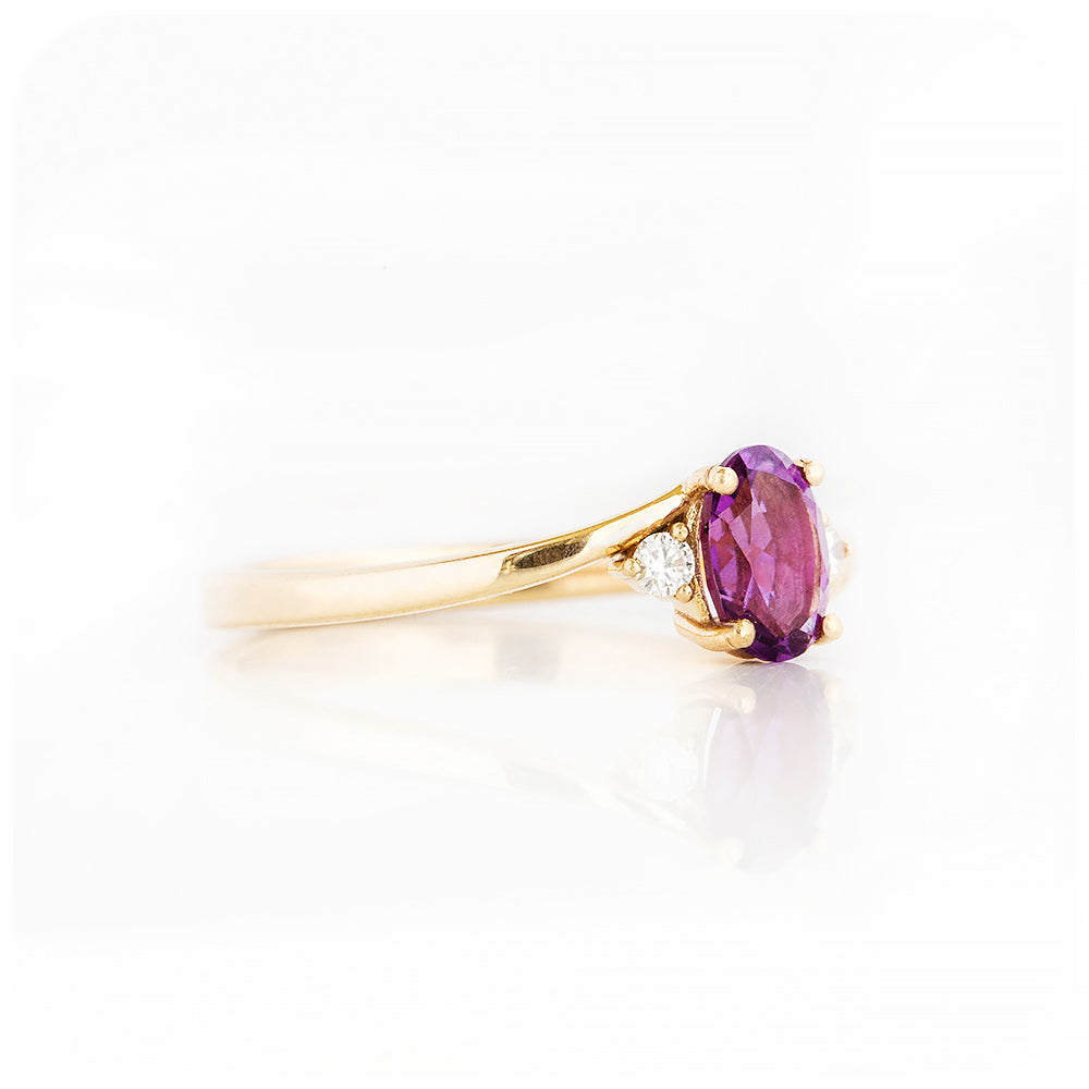 Oval cut Amethyst and Diamond Trilogy Engagement Ring in Yellow Gold - Victoria's Jewellery