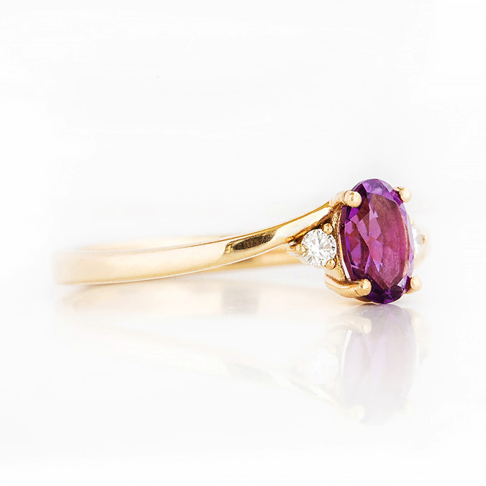 Oval cut Amethyst and Diamond Trilogy Engagement Ring in Yellow Gold - Victoria's Jewellery