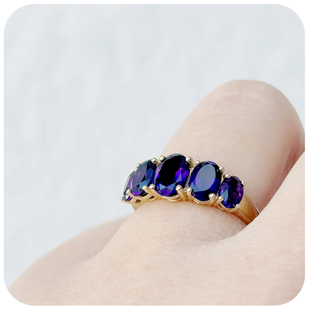 Oval cut Amethyst half eternity Anniversary Ring in Yellow Gold - Victoria's Jewellery