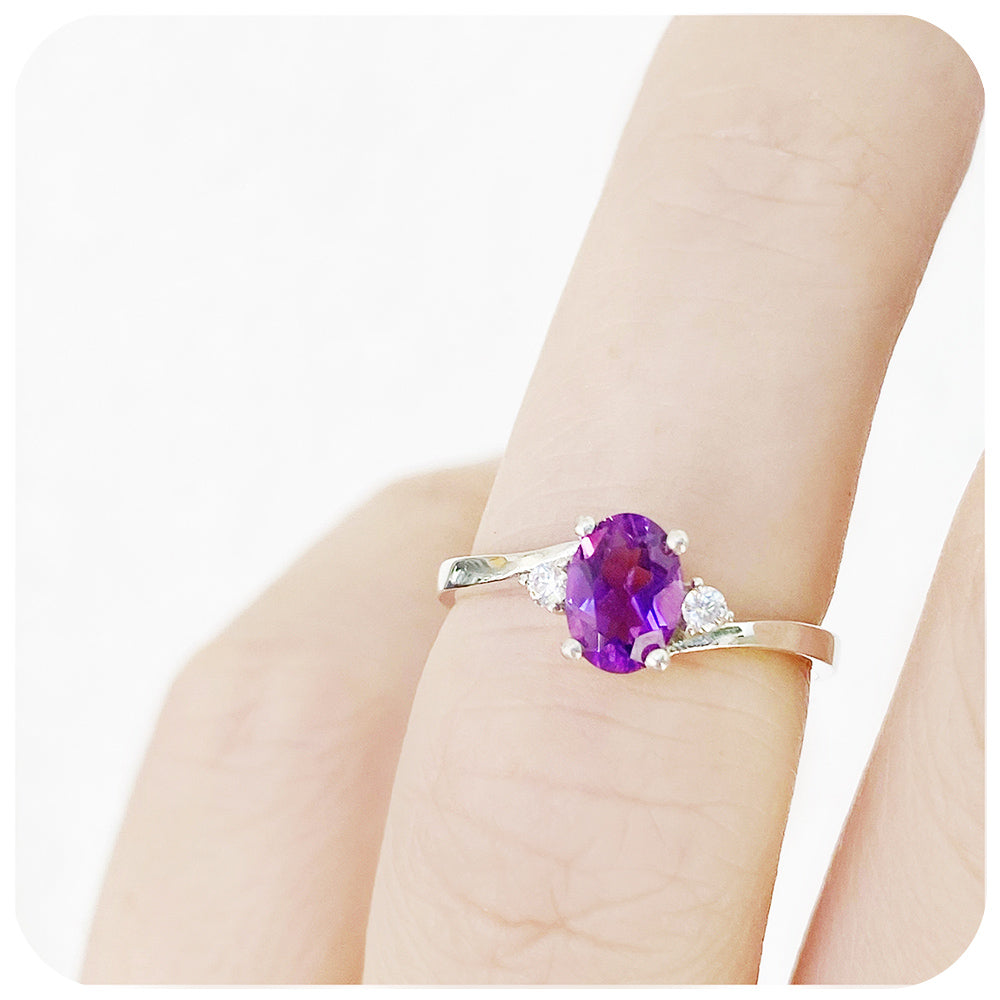 Oval cut Amethyst and Diamond Trilogy Engagement Ring in White Gold - Victoria's Jewellery