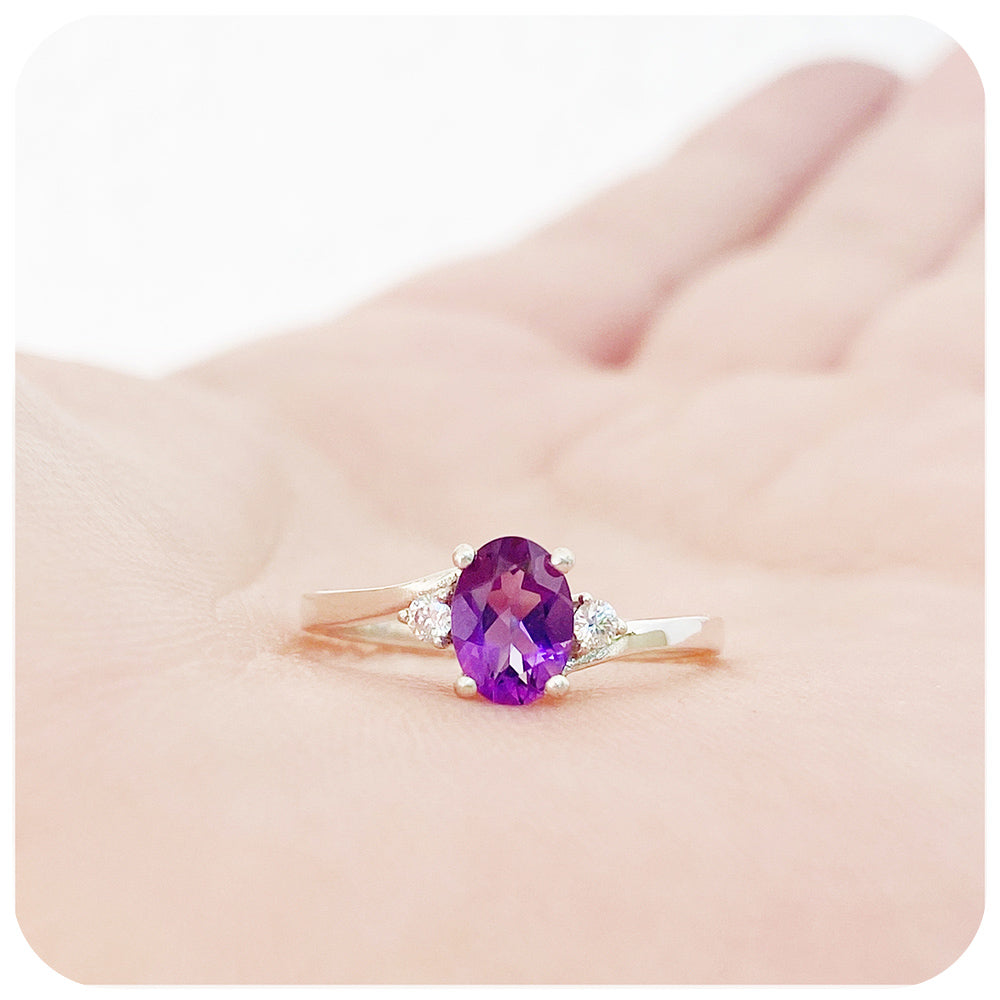 Oval cut Amethyst and Diamond Trilogy Engagement Ring in White Gold - Victoria's Jewellery