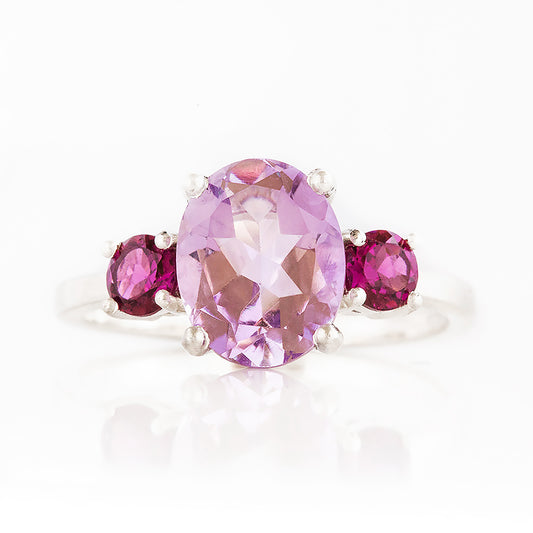 Oval cut Pink Amethyst and Rhodolite Trilogy Anniversary Ring - Victoria's Jewellery