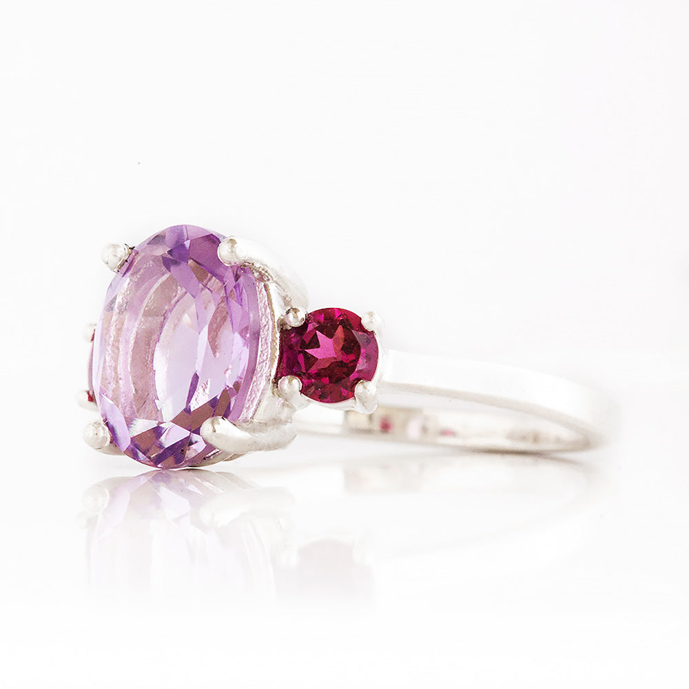 Oval cut Pink Amethyst and Rhodolite Trilogy Anniversary Ring - Victoria's Jewellery