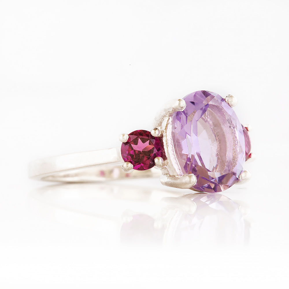 Oval cut Pink Amethyst and Rhodolite Trilogy Anniversary Ring - Victoria's Jewellery