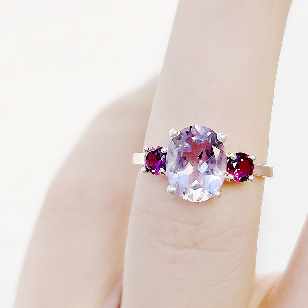 Oval cut Pink Amethyst and Rhodolite Trilogy Anniversary Ring - Victoria's Jewellery