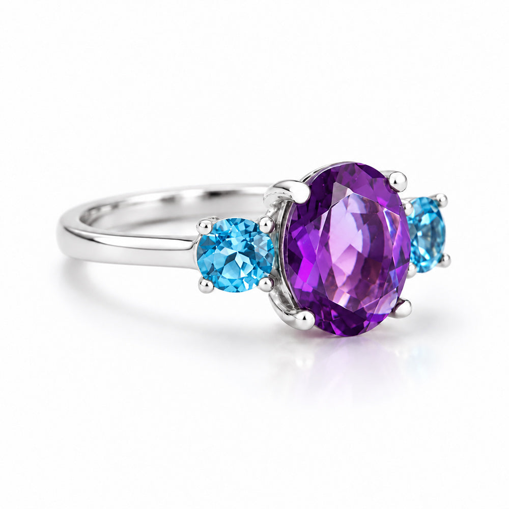 Hallie, Amethyst and Swiss Blue Topaz Trilogy Ring - Victoria's Jewellery
