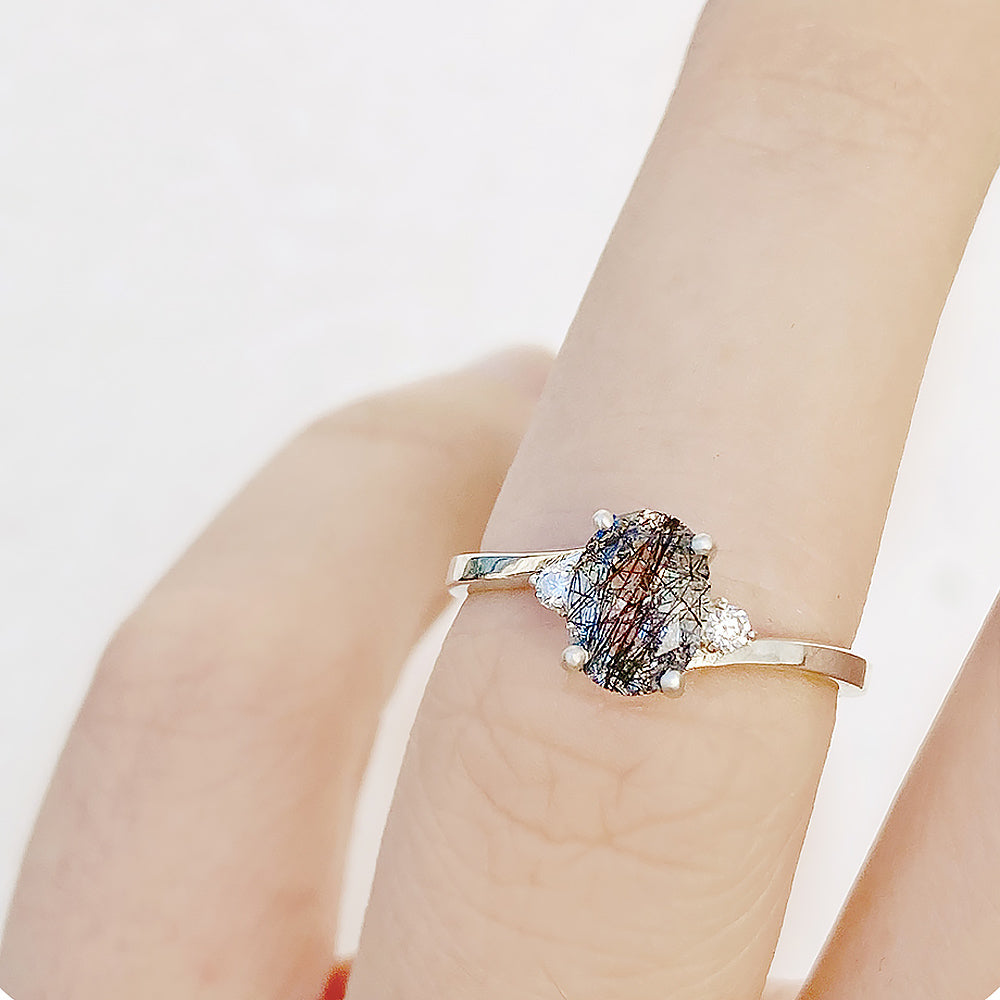 Georgie, Black Rutile Quartz and Lab Diamonds