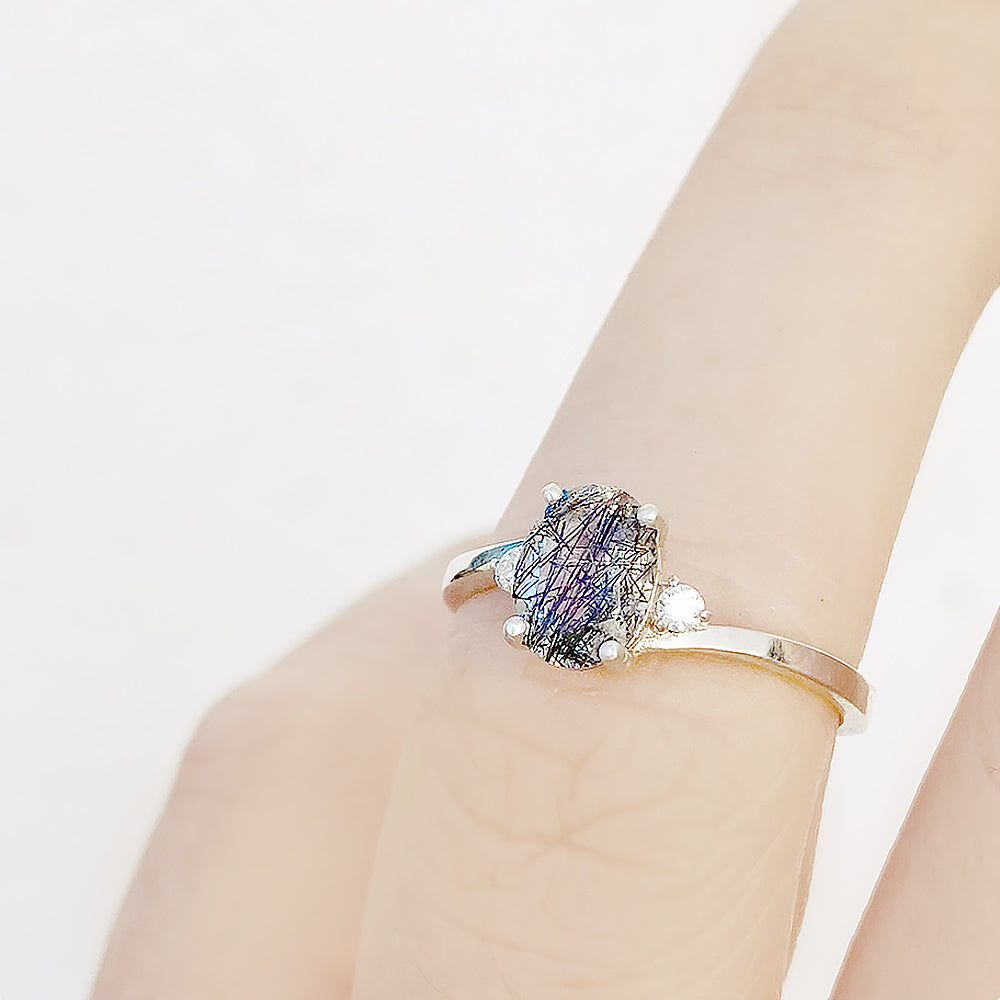 Georgie, Black Rutile Quartz and Lab Diamonds