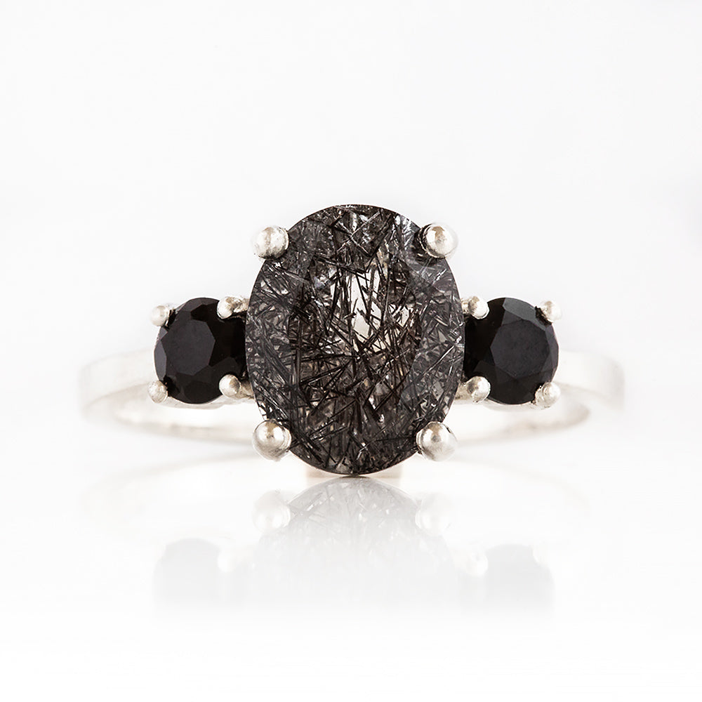 Oval cut Black Rutile Quartz and Black Spinel Trilogy Anniversary Ring - Victoria's Jewellery