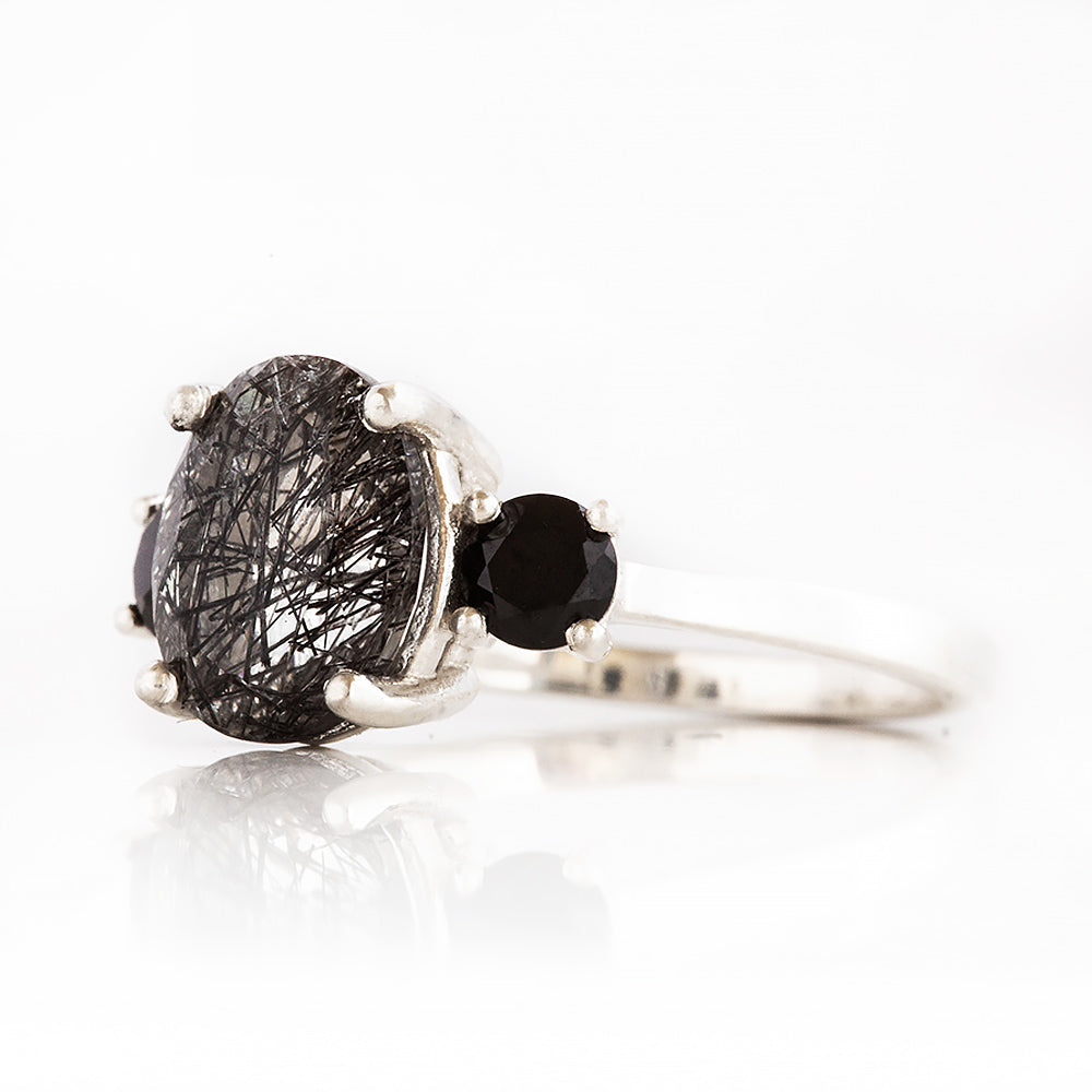 Oval cut Black Rutile Quartz and Black Spinel Trilogy Anniversary Ring - Victoria's Jewellery