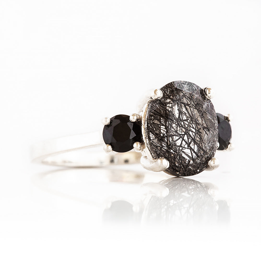 Oval cut Black Rutile Quartz and Black Spinel Trilogy Anniversary Ring - Victoria's Jewellery