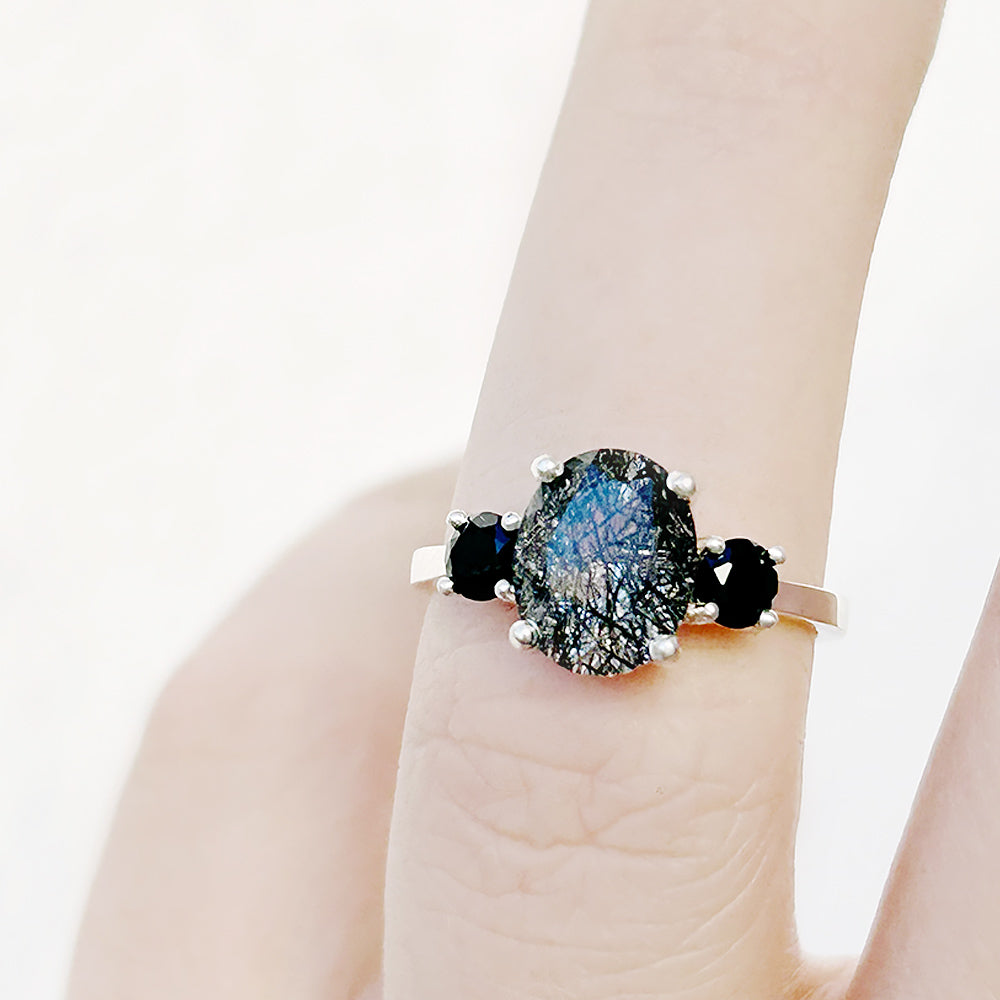 Oval cut Black Rutile Quartz and Black Spinel Trilogy Anniversary Ring - Victoria's Jewellery