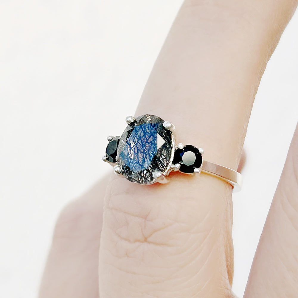 Oval cut Black Rutile Quartz and Black Spinel Trilogy Anniversary Ring - Victoria's Jewellery