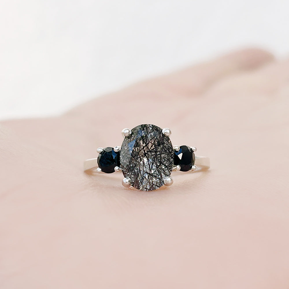 Oval cut Black Rutile Quartz and Black Spinel Trilogy Anniversary Ring - Victoria's Jewellery