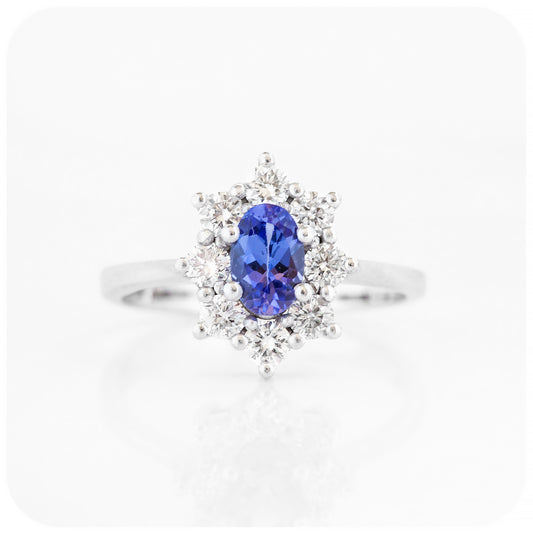 Oval cut Blue Sapphire and Diamond Halo Engagement Ring - Victoria's Jewellery