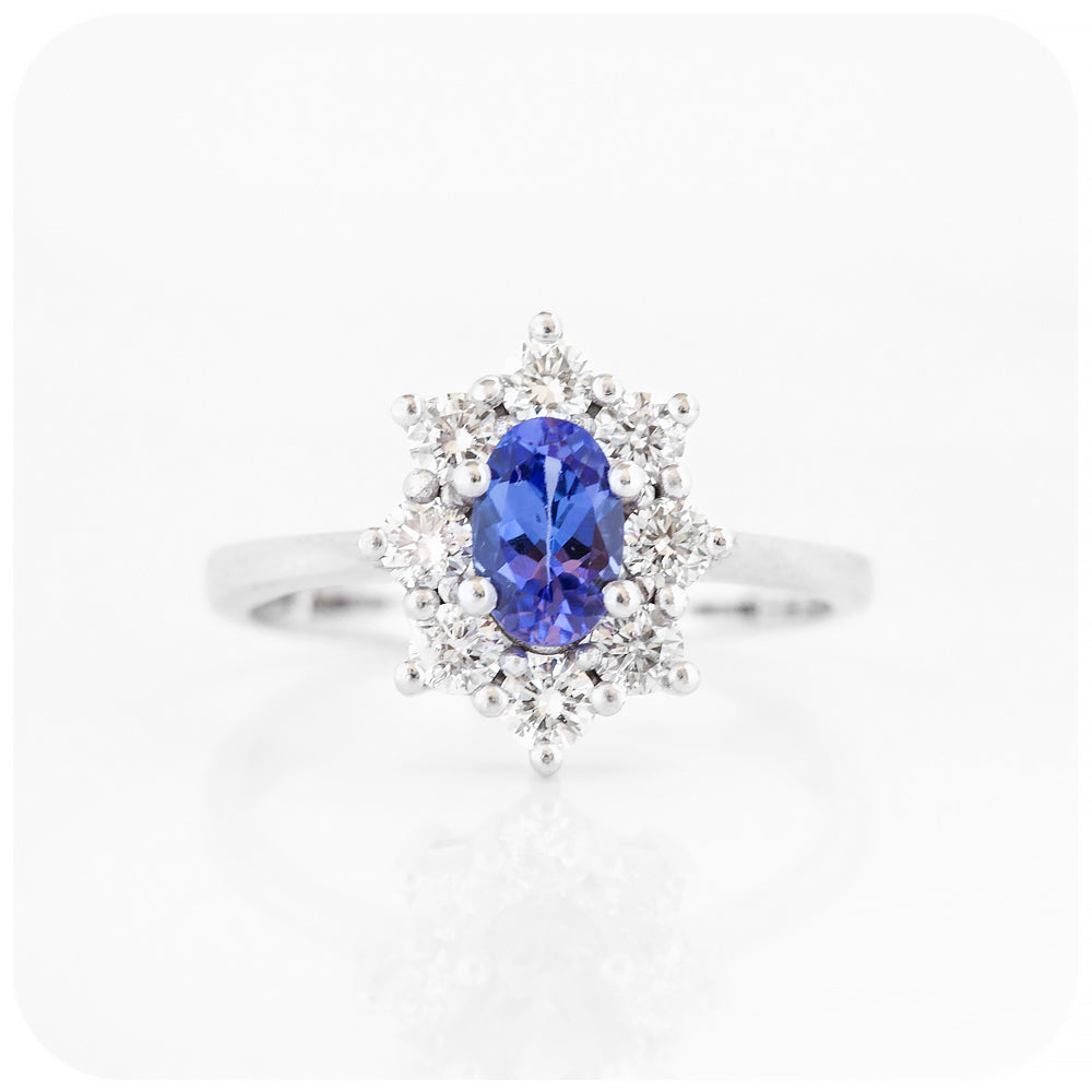 Oval cut Blue Sapphire and Moissanite Halo Engagement Ring - Victoria's Jewellery