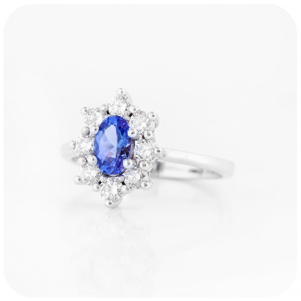 Oval cut Blue Sapphire and Moissanite Halo Engagement Ring - Victoria's Jewellery