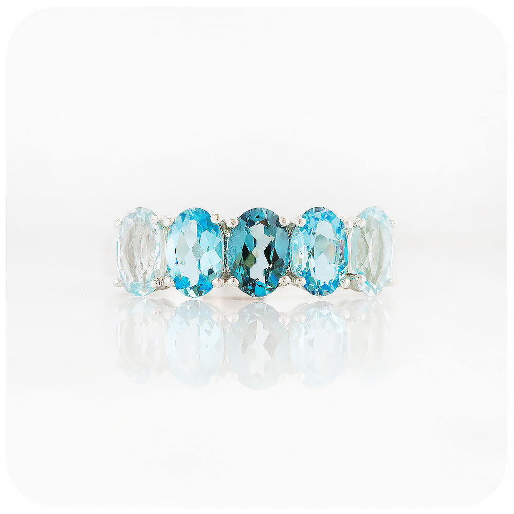 Oval cut Blue Topaz Rainbow Half Eternity Anniversary Ring - Victoria's Jewellery