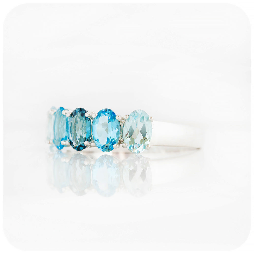 Oval cut Blue Topaz Rainbow Half Eternity Anniversary Ring - Victoria's Jewellery