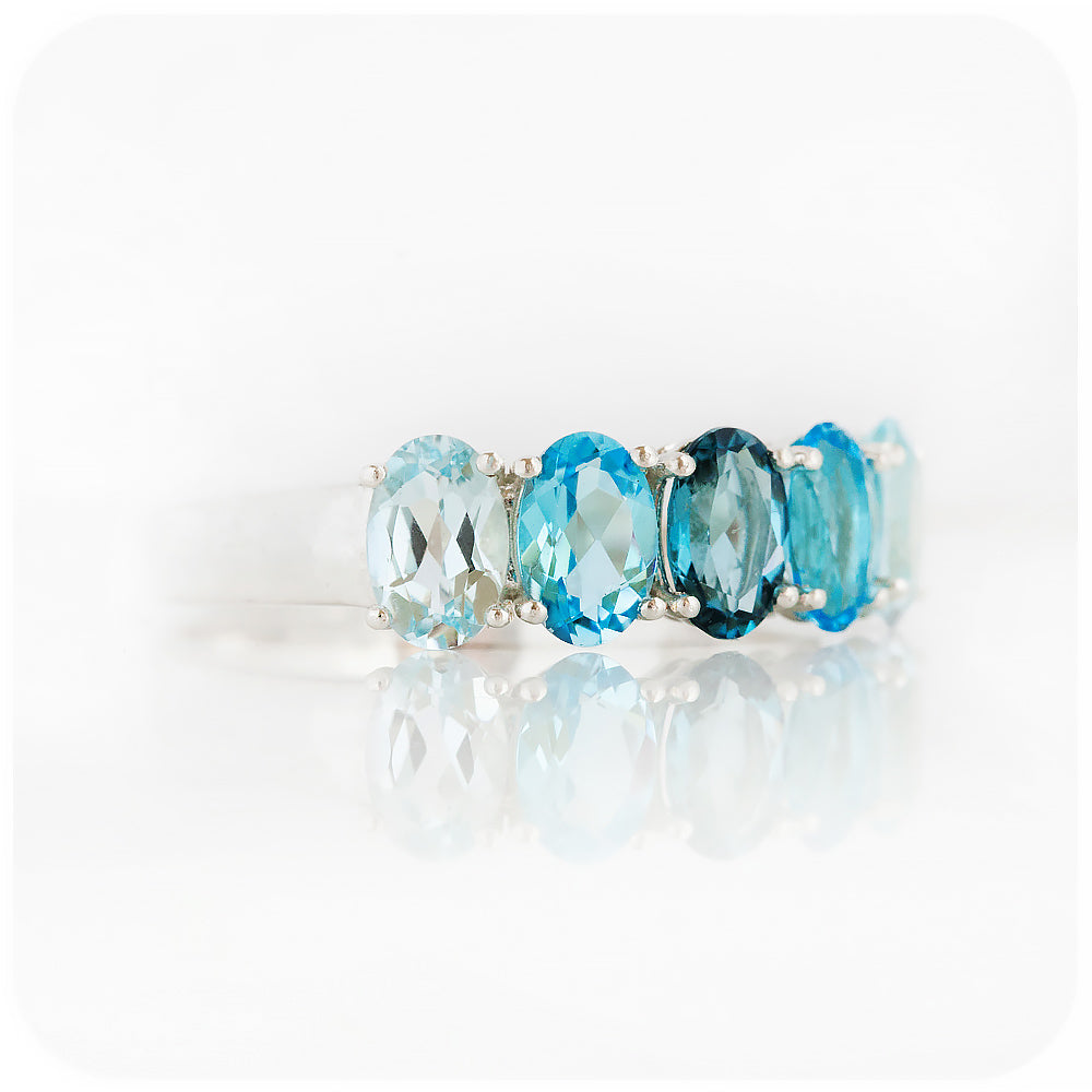 Oval cut Blue Topaz Rainbow Half Eternity Anniversary Ring - Victoria's Jewellery