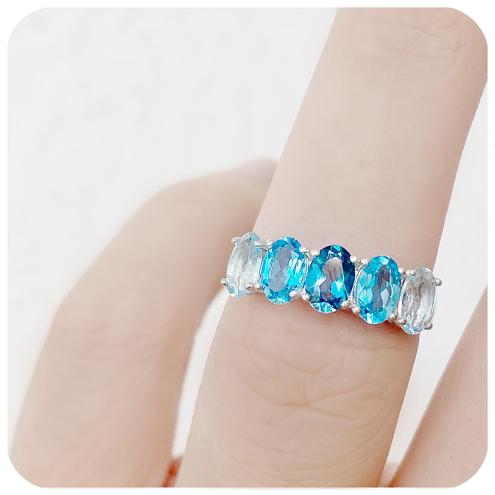 Oval cut Blue Topaz Rainbow Half Eternity Anniversary Ring - Victoria's Jewellery