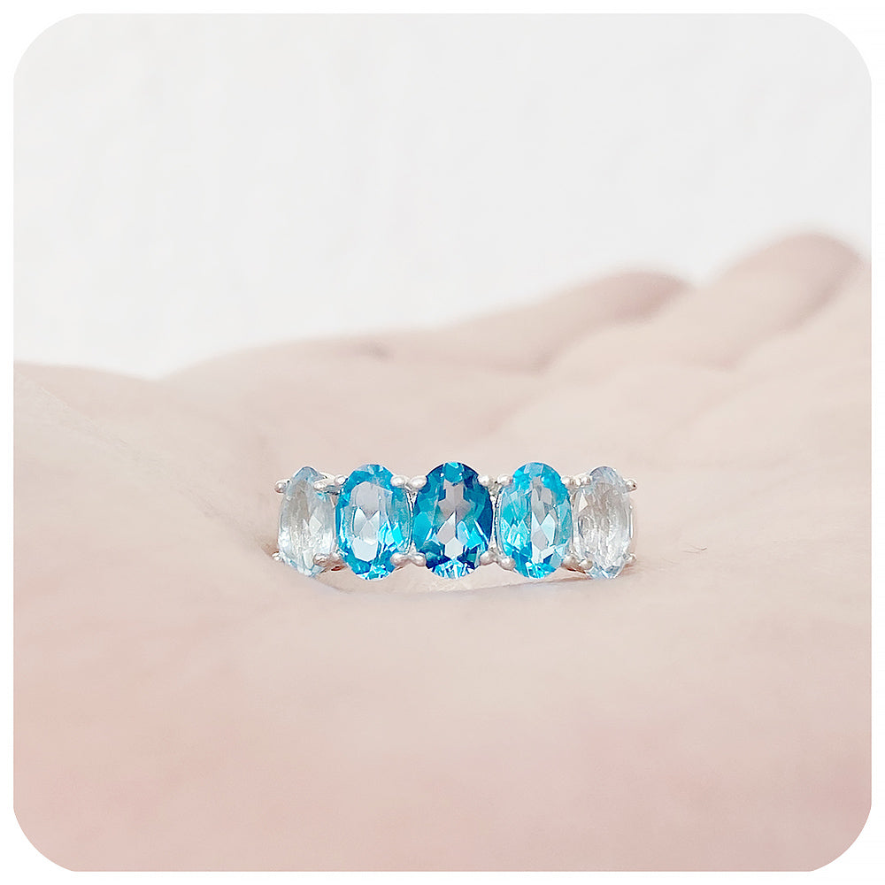 Oval cut Blue Topaz Rainbow Half Eternity Anniversary Ring - Victoria's Jewellery