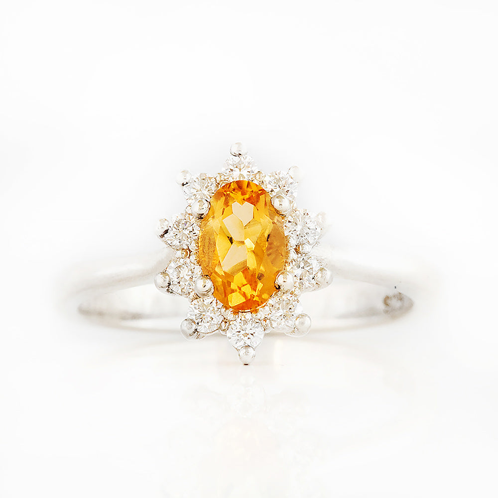 Oval cut Citrine with Lab Grown Diamond Halo Engagement Ring in White Gold - Victoria's Jewellery