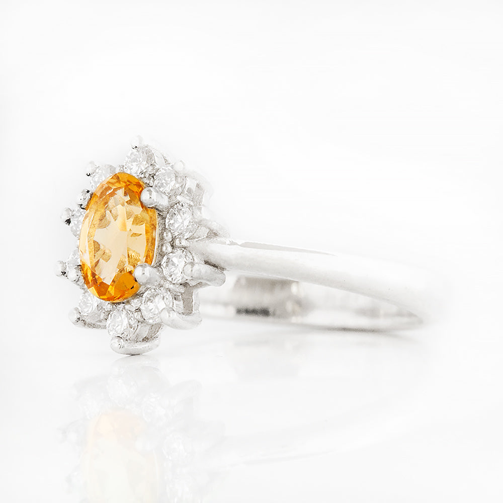 Oval cut Citrine with Lab Grown Diamond Halo Engagement Ring in White Gold - Victoria's Jewellery