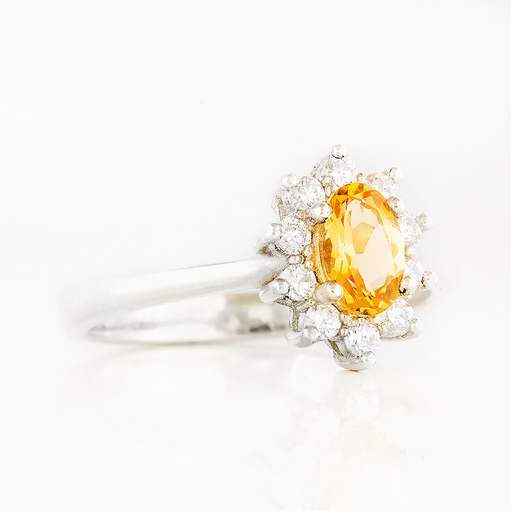 Oval cut Citrine with Lab Grown Diamond Halo Engagement Ring in White Gold - Victoria's Jewellery