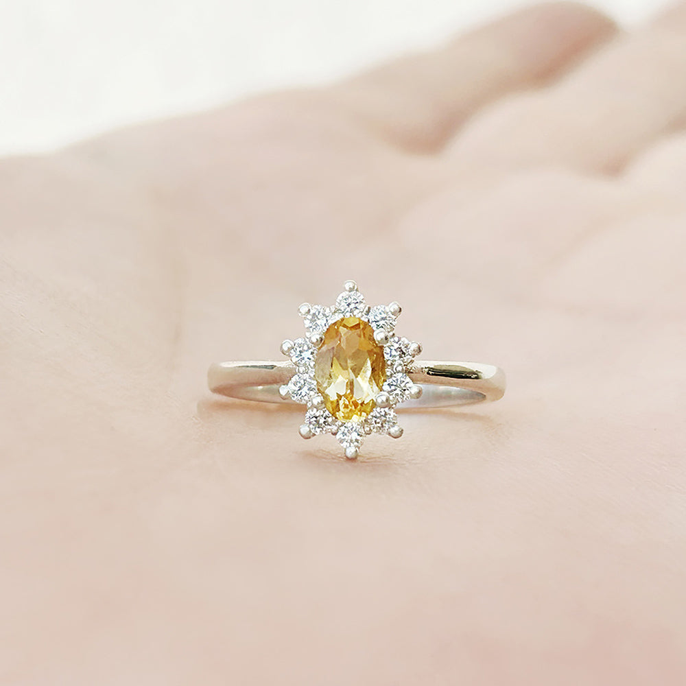 Oval cut Citrine with Lab Grown Diamond Halo Engagement Ring in White Gold - Victoria's Jewellery