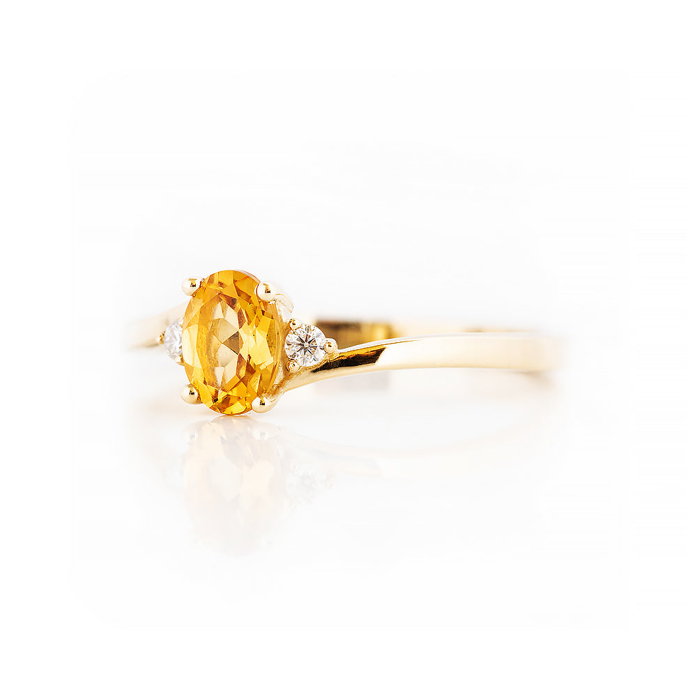 Oval cut Citrine and Lab Diamond Trilogy Engagement Ring in Yellow Gold - Victoria's Jewellery