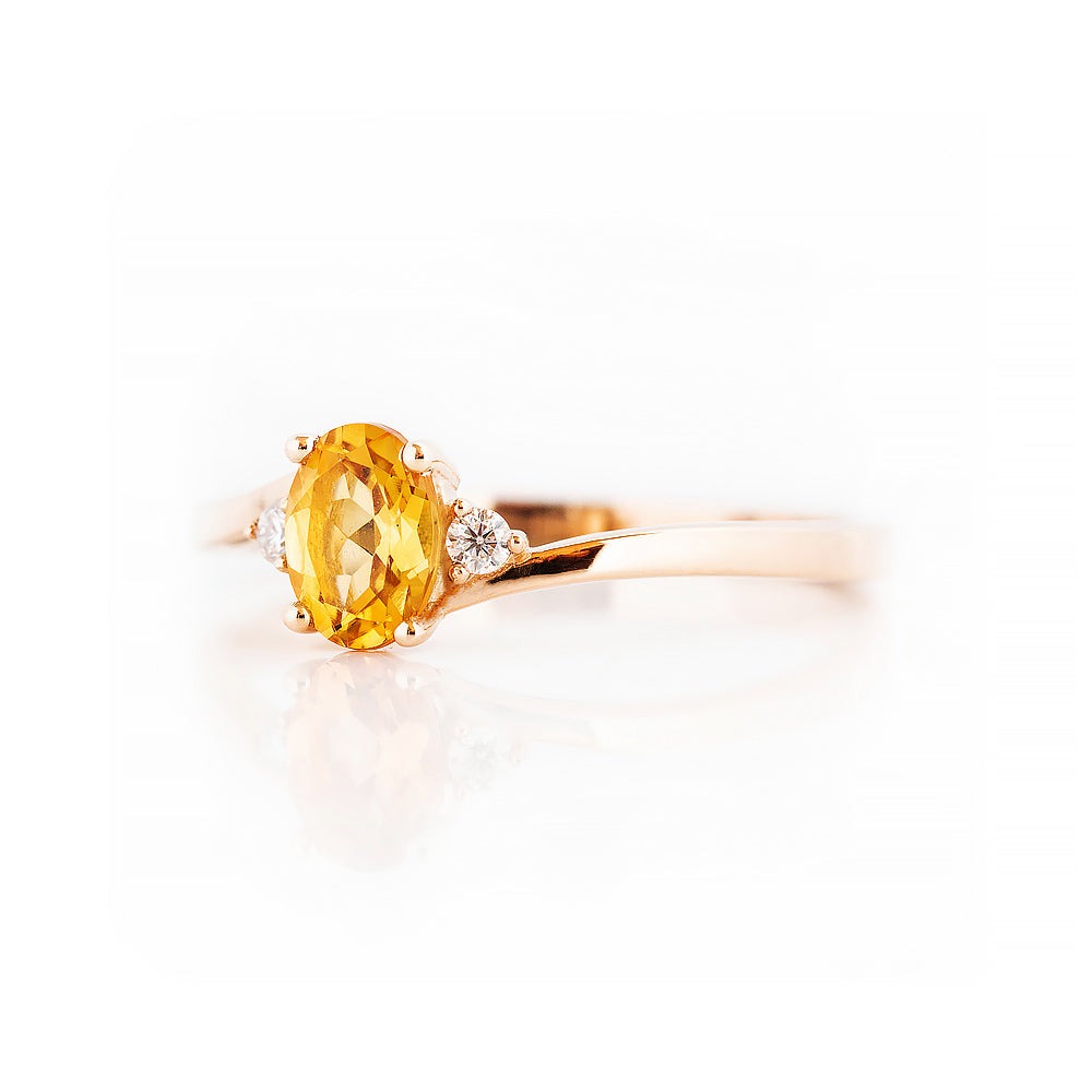 Oval cut Citrine and Lab Diamond Trilogy Engagement Ring in Rose Gold - Victoria's Jewellery