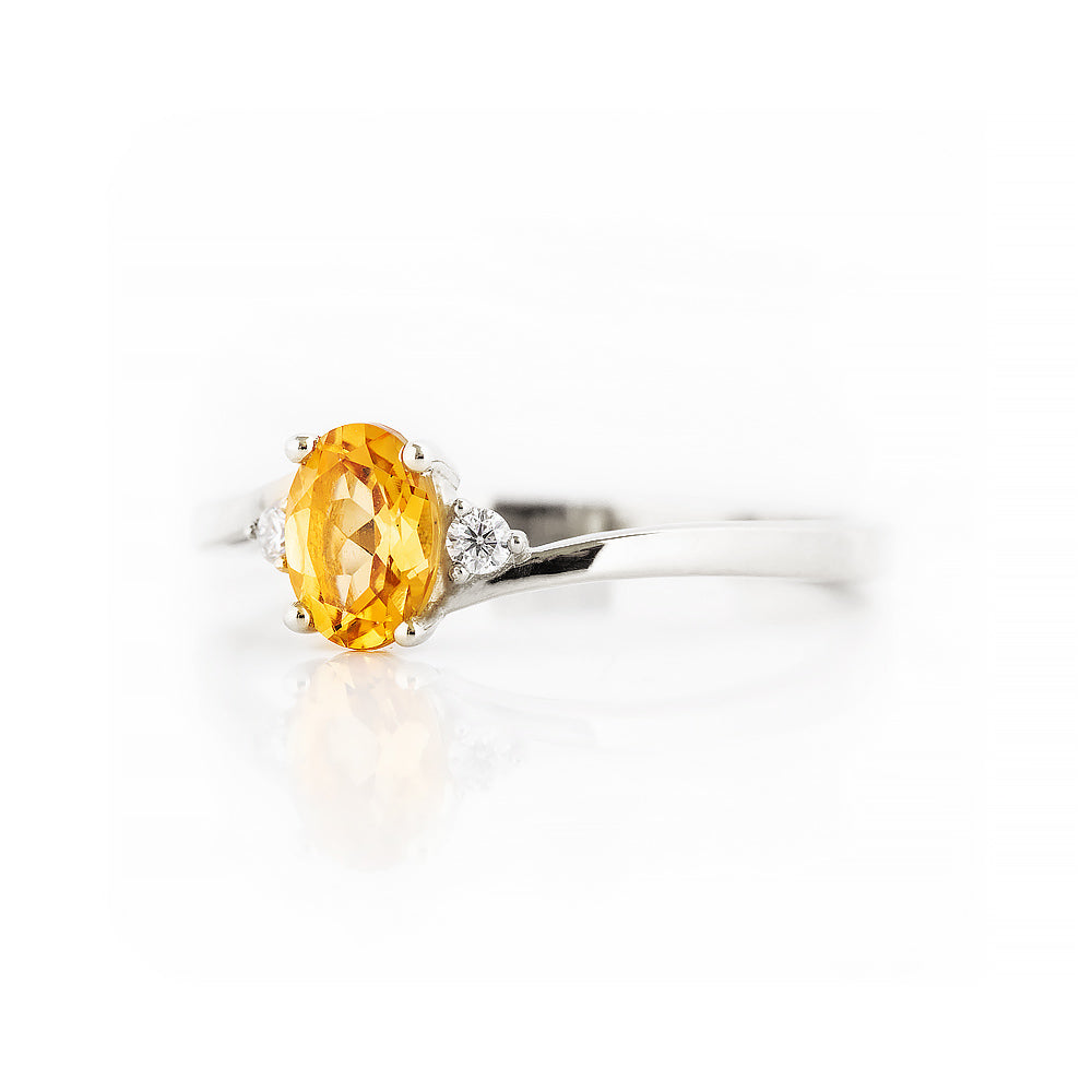 Oval cut Citrine and Lab Diamond Trilogy Engagement Ring in White Gold - Victoria's Jewellery