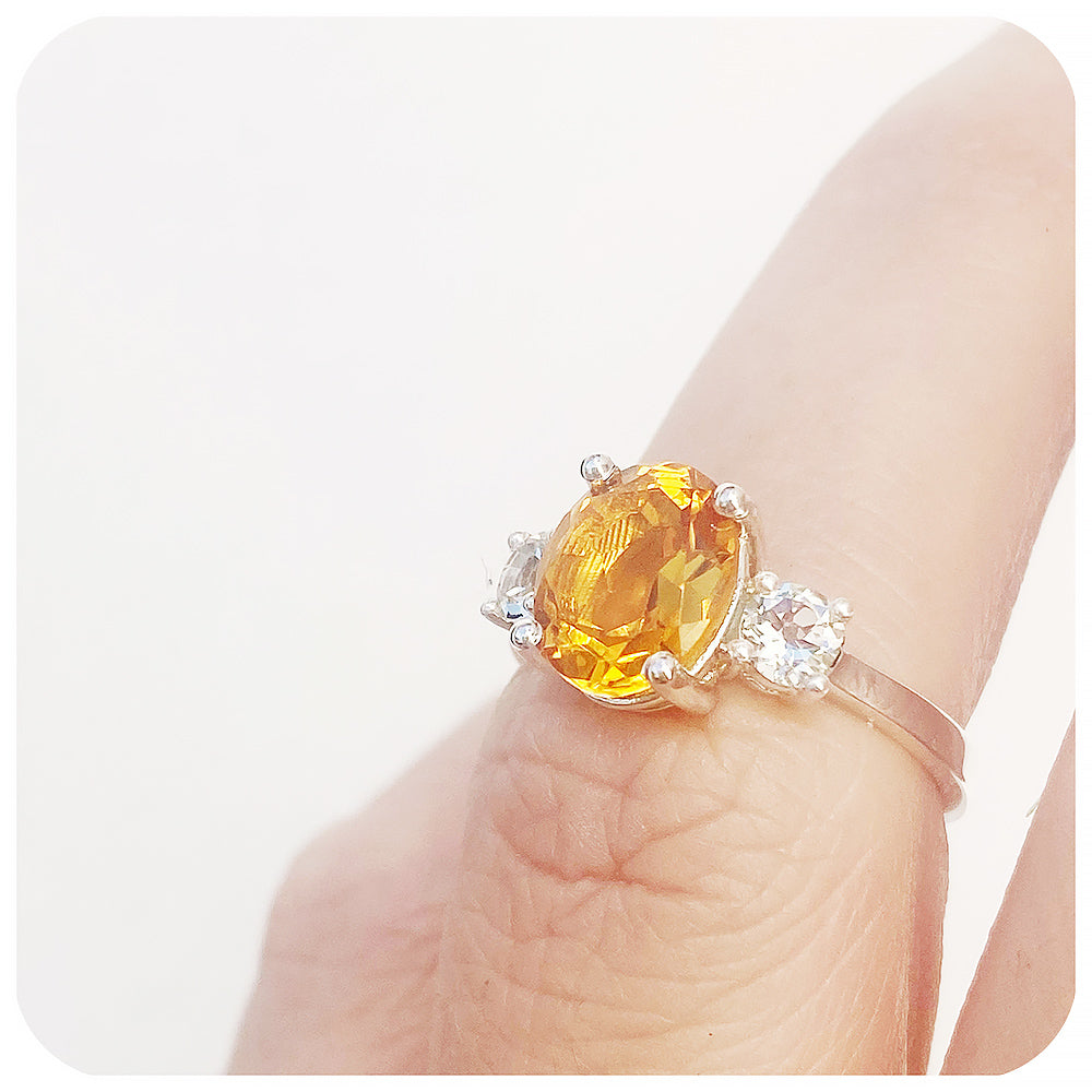 Oval cut Citrine and Prasiolite Trilogy Anniversary Ring - Victoria's Jewellery